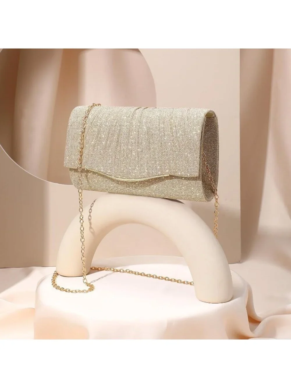 Women’s Champagne Formal Clutch Purse Elegant Evening Bag Detachable Chain Strap